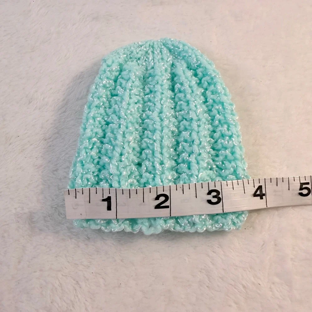 Handmade Knit Beanie Preemie Aqua Blue New Shimmer Ribbed Photo Prop‎ Gift
